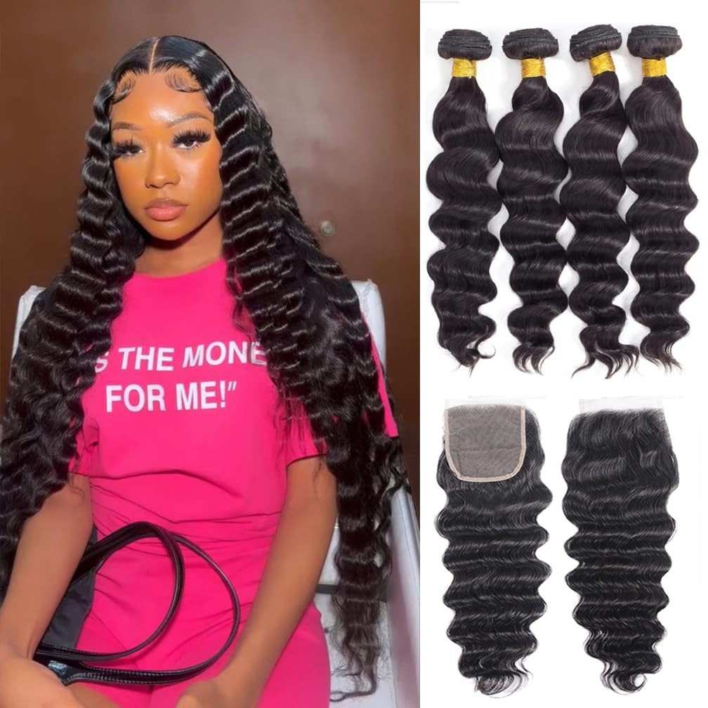 Deep Wave 3 Bundles With Closure - وصلات شعر بشري مموج فضفاض 30