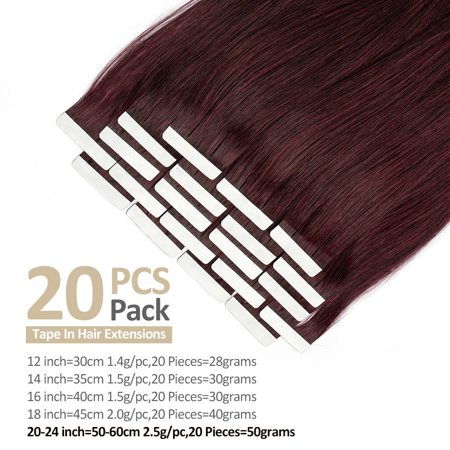 وصلات شعر نبيذ أحمر غير ملحومة - مراجعة Invisible Tape In Extensions Real Hair وسعره