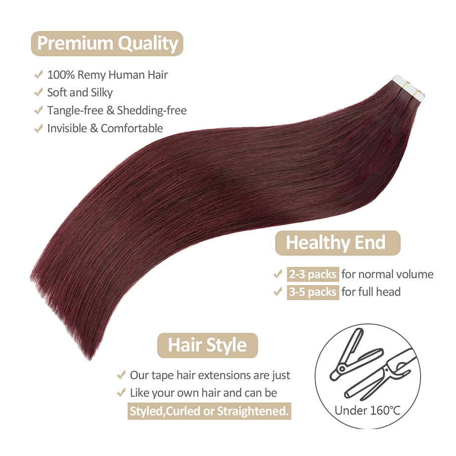 وصلات شعر نبيذ أحمر غير ملحومة - مراجعة Invisible Tape In Extensions Real Hair وسعره